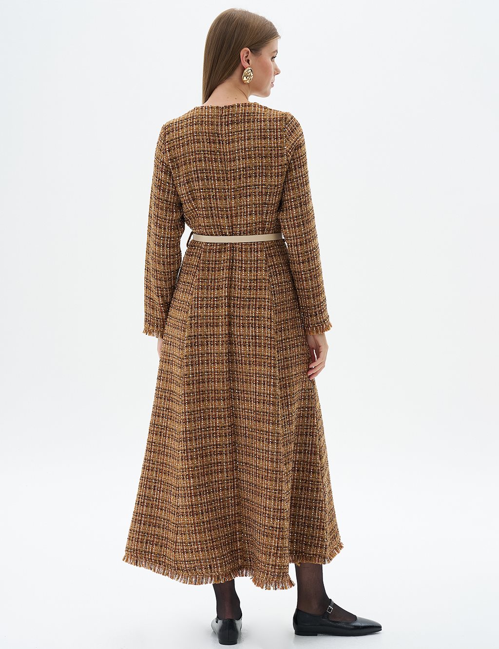 Tweed Dress with Tasseled Hem Beige