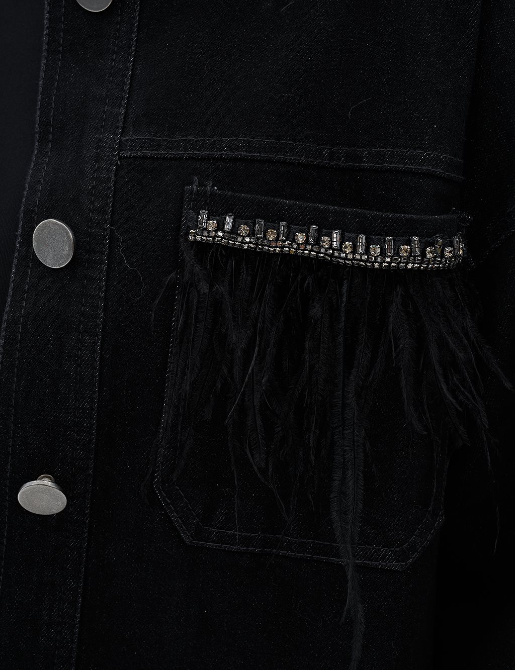 Denim Jacket with Otris and Stone Detail Black