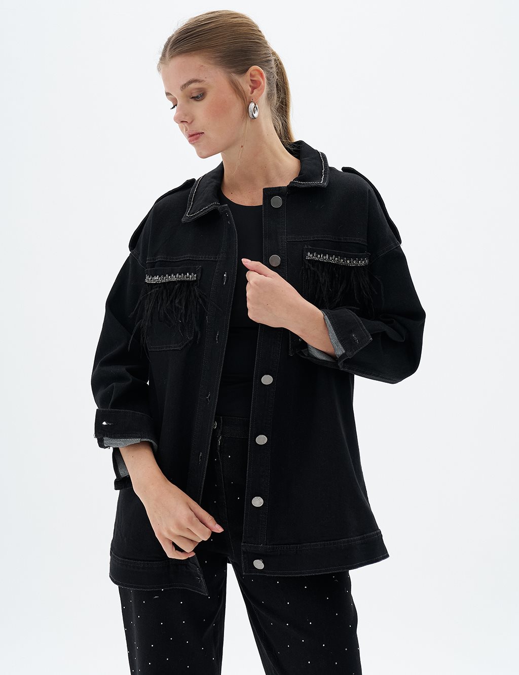 Denim Jacket with Otris and Stone Detail Black