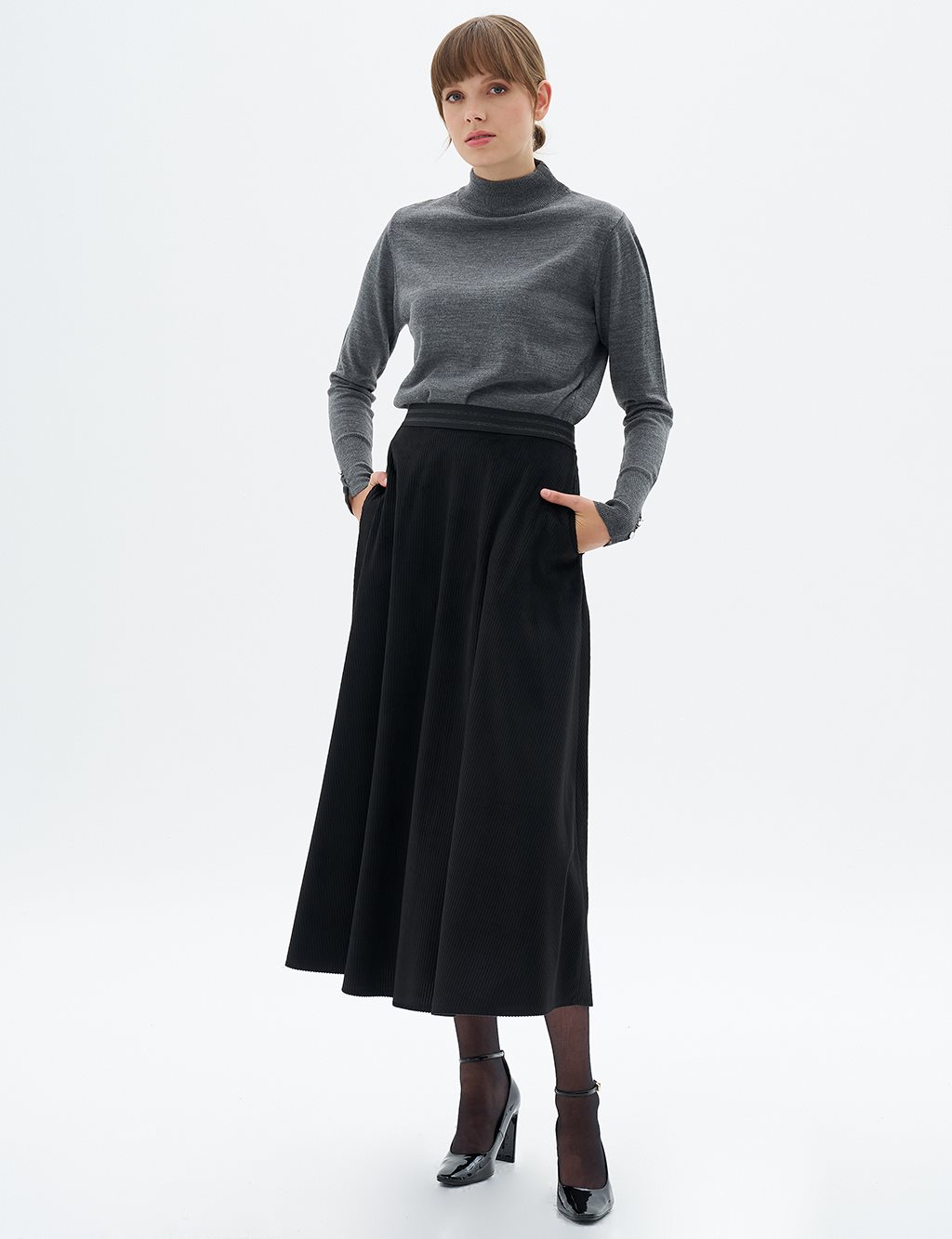 Velvet Flared Skirt with Elastic Waist Black