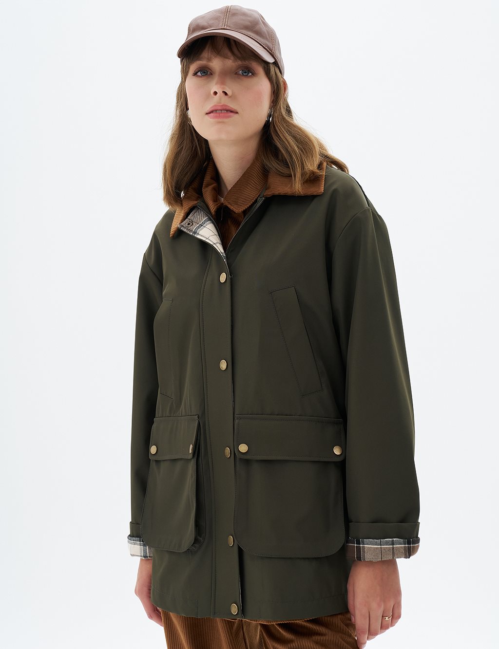 Velvet Garnished Coat Dark Khaki
