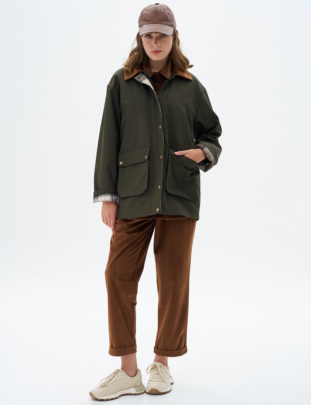 Velvet Garnished Coat Dark Khaki