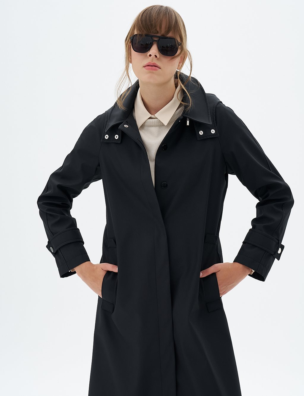 Hooded Coat with Epaulette Detail on Wrists Black