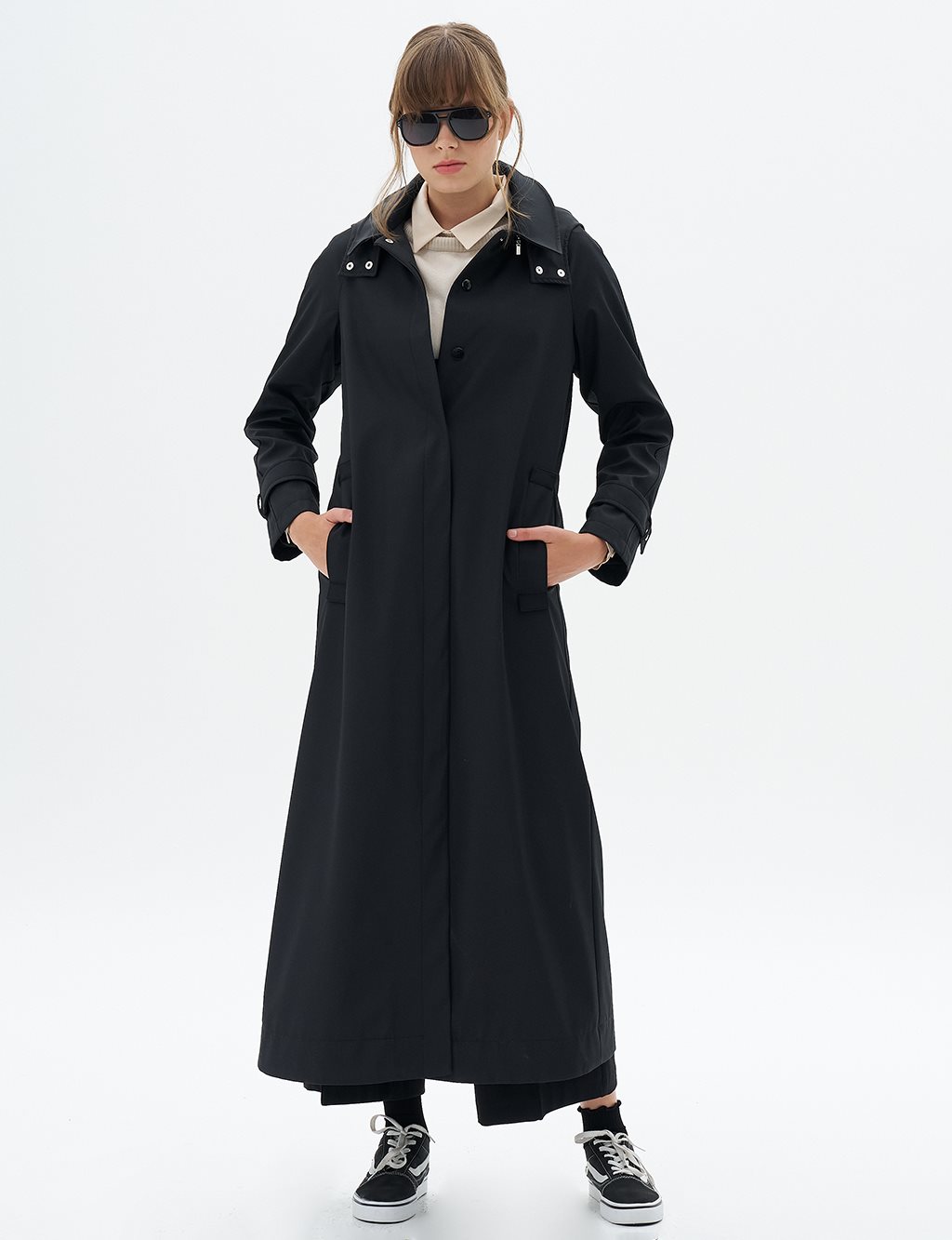 Hooded Coat with Epaulette Detail on Wrists Black