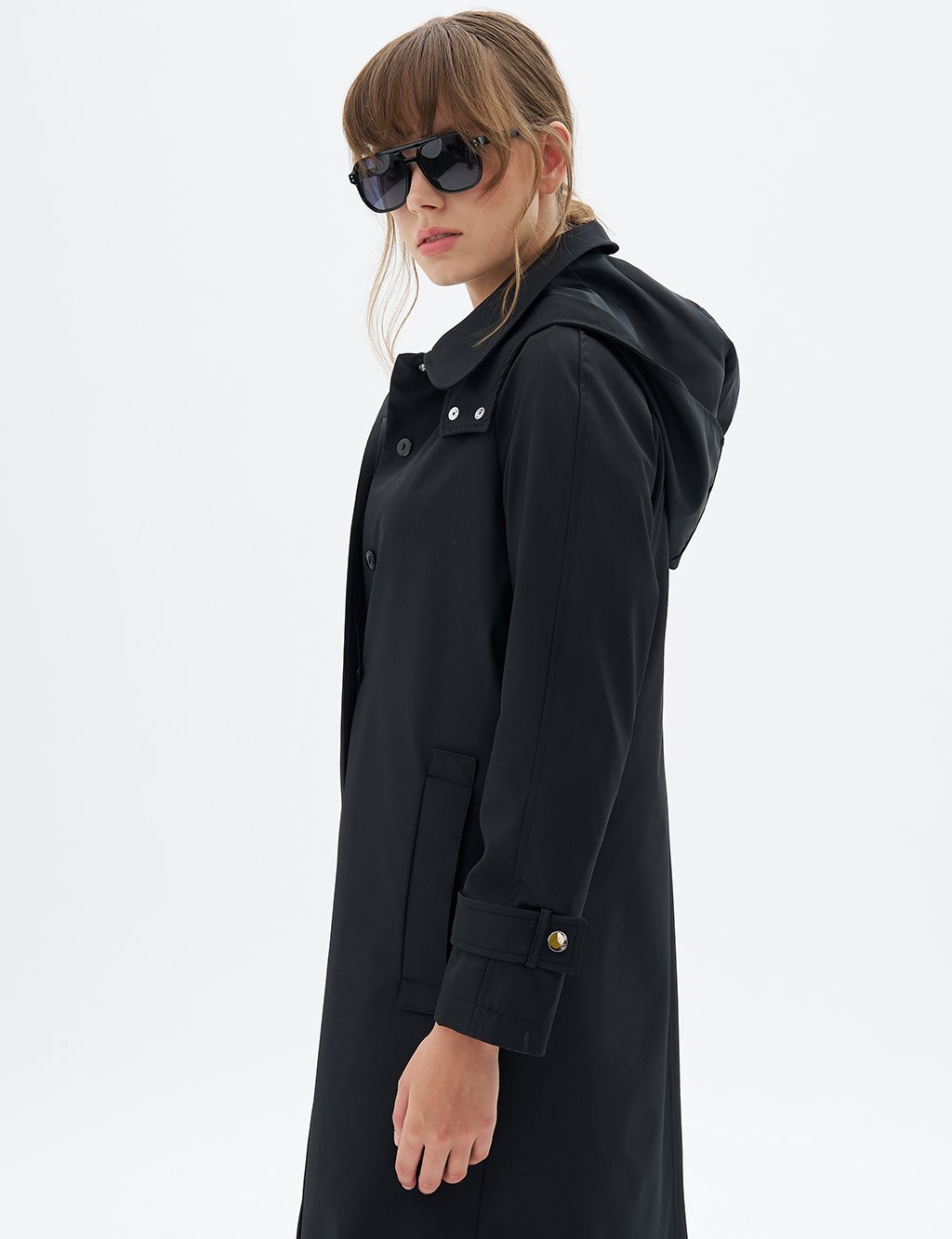 Hooded Coat with Epaulette Detail on Wrists Black