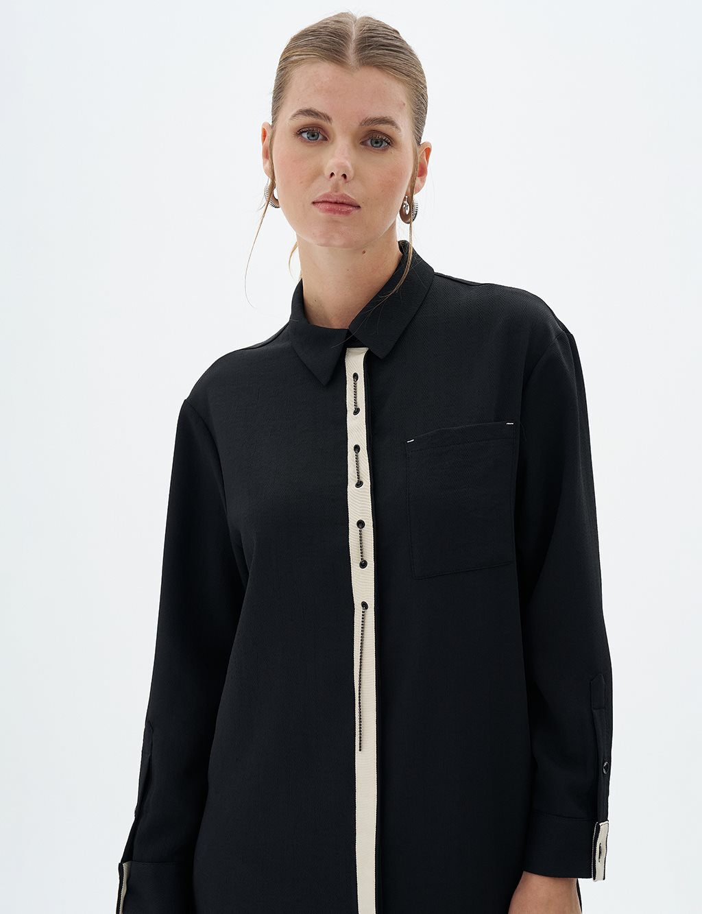 Bird's Eye Detailed Shirt Collar Tunic Black