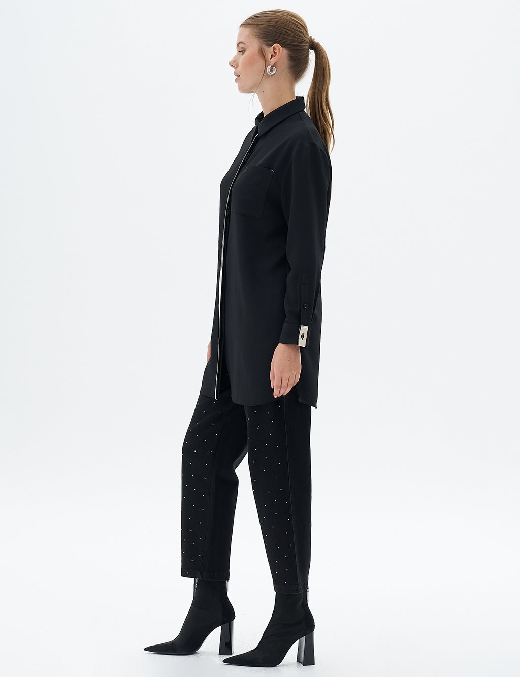 Bird's Eye Detailed Shirt Collar Tunic Black