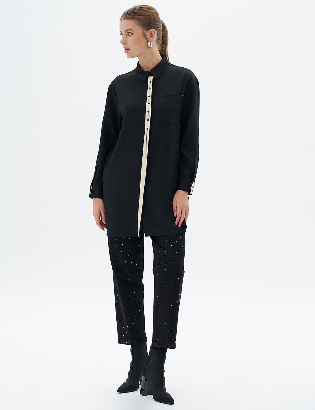 Bird's Eye Detailed Shirt Collar Tunic Black