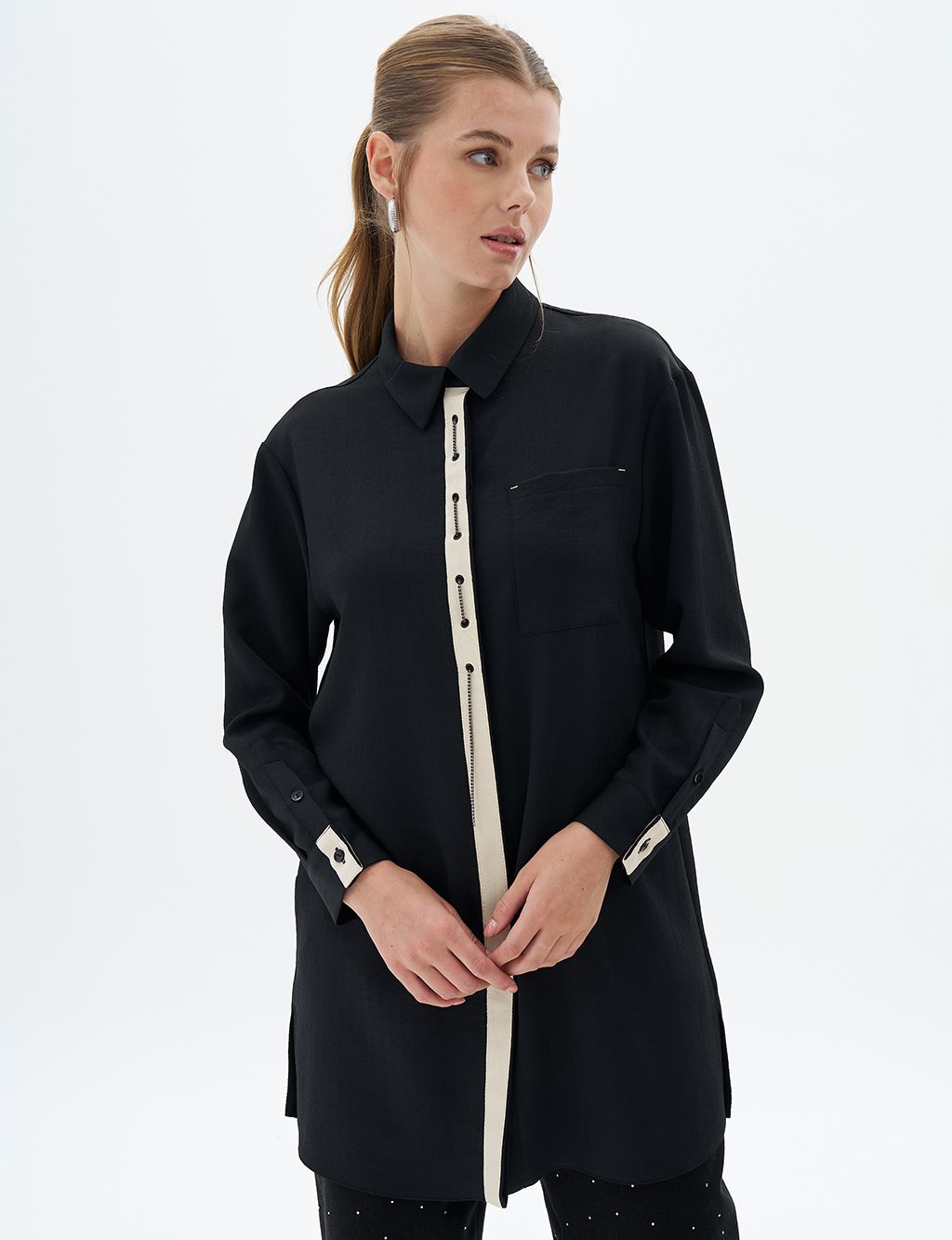 Bird's Eye Detailed Shirt Collar Tunic Black