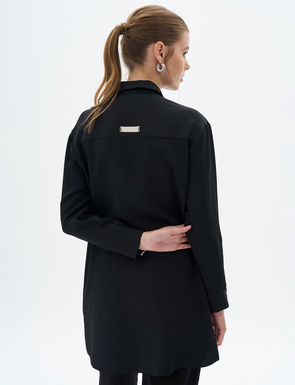 Bird's Eye Detailed Shirt Collar Tunic Black
