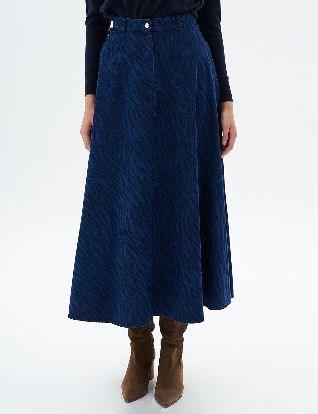 Animal Print Patterned Denim Skirt Navy Blue