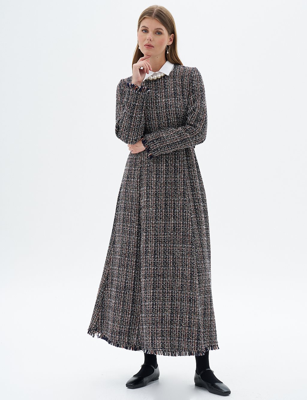 Tweed Dress with Tassels at Hem Navy Blue