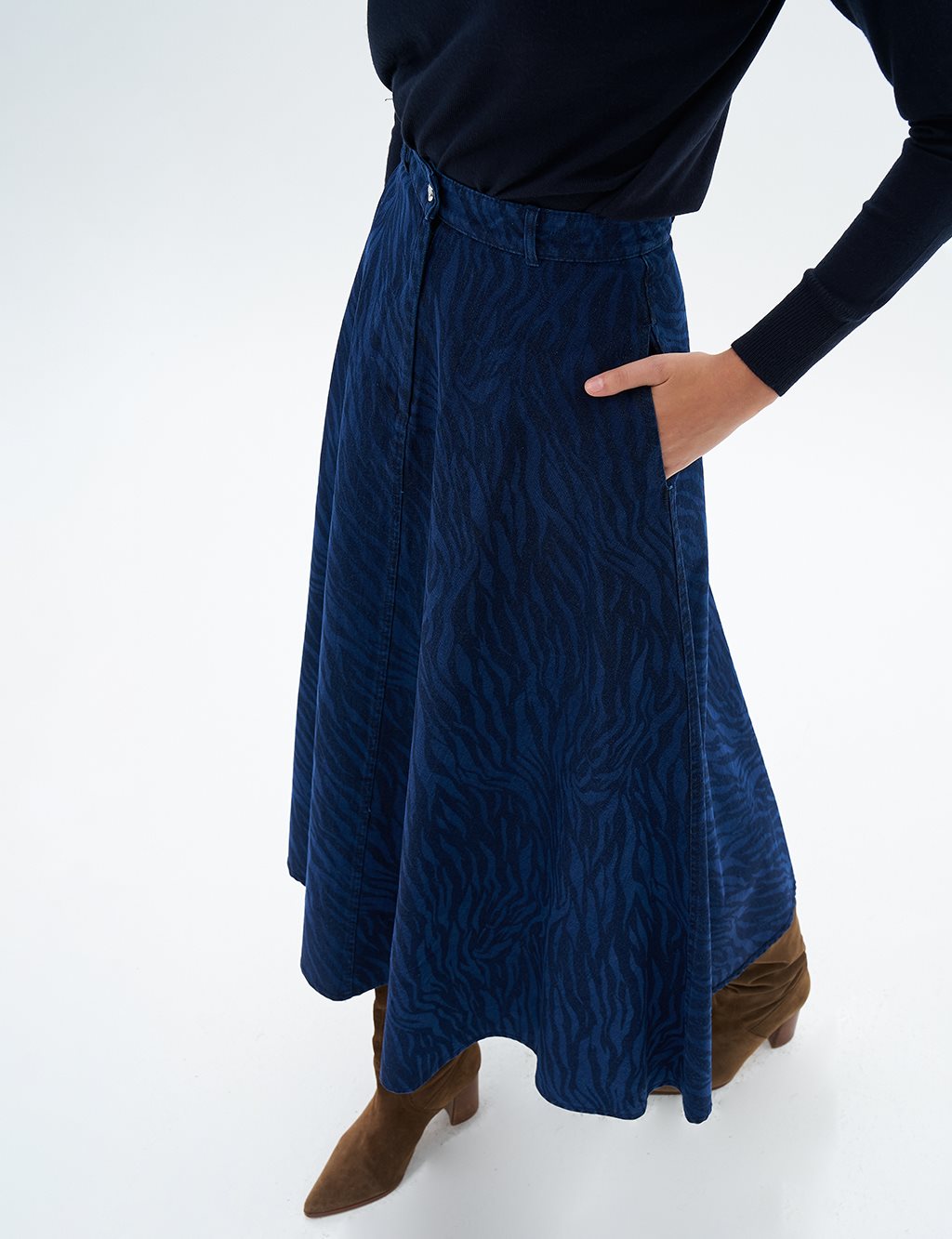 Animal Print Patterned Denim Skirt Navy Blue
