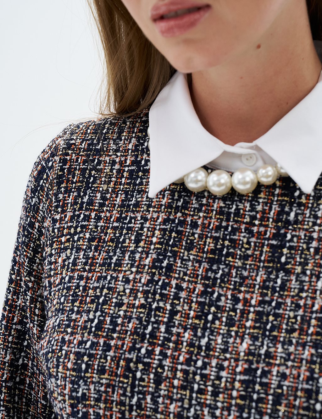 Tweed Dress with Tassels at Hem Navy Blue