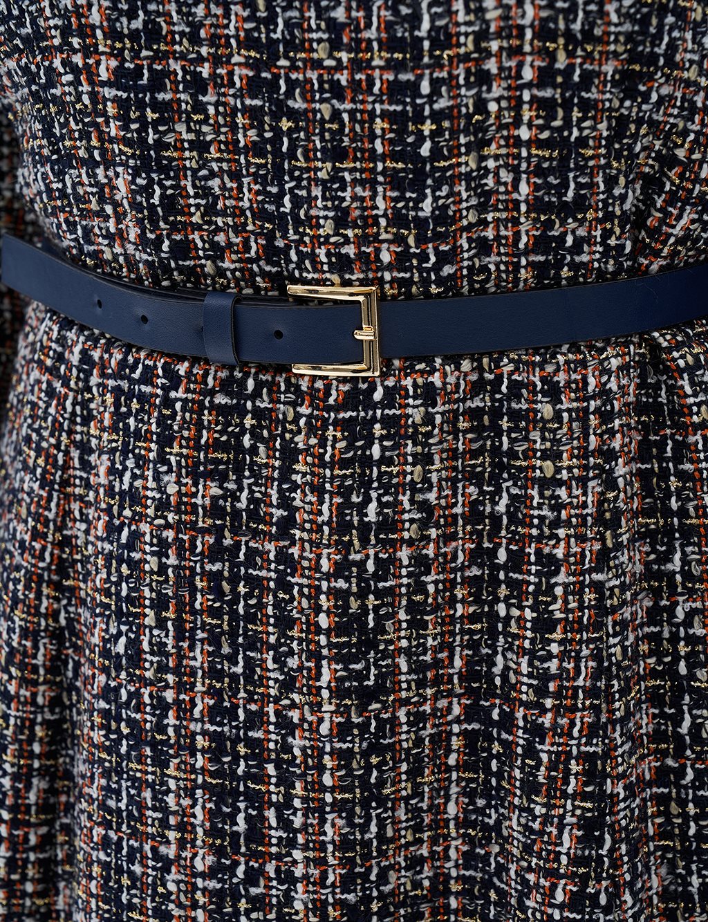 Tweed Dress with Tassels at Hem Navy Blue