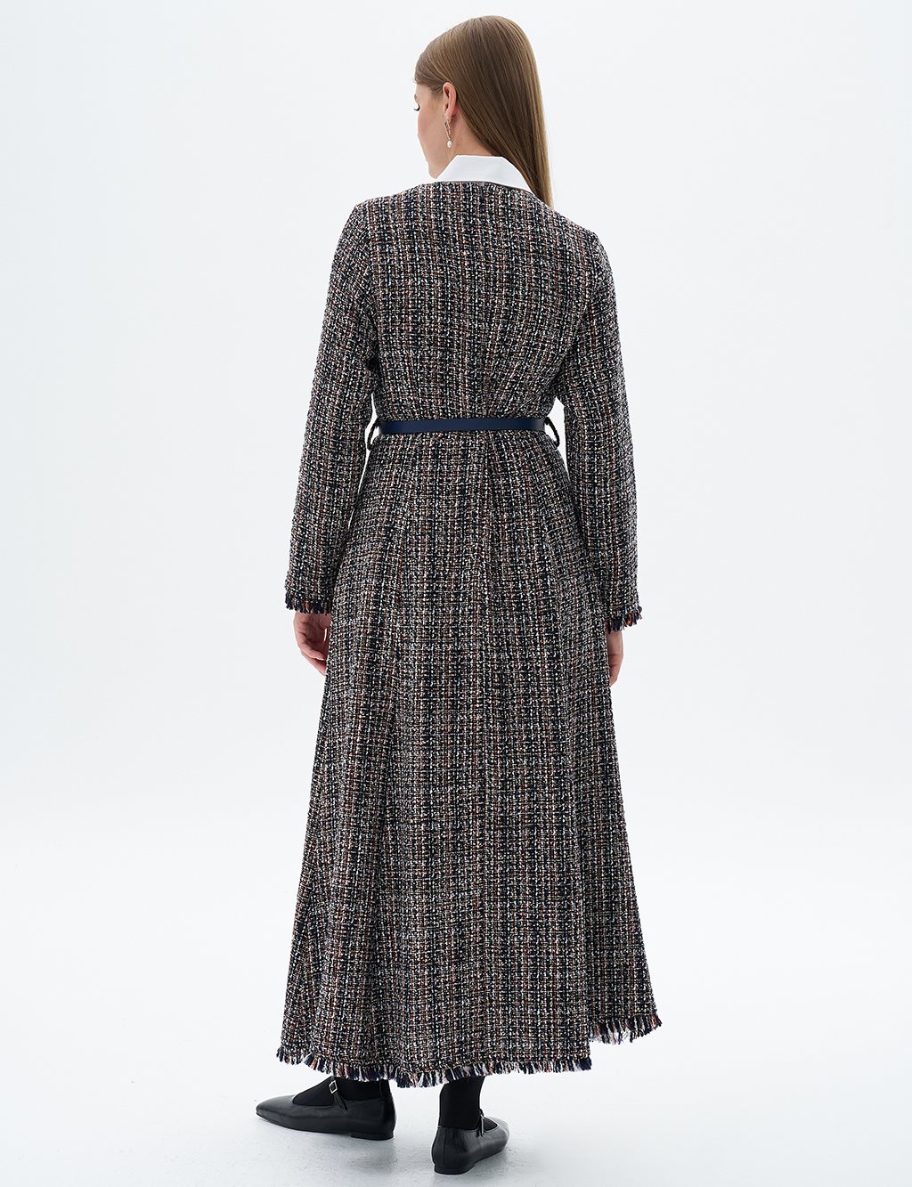 Tweed Dress with Tassels at Hem Navy Blue