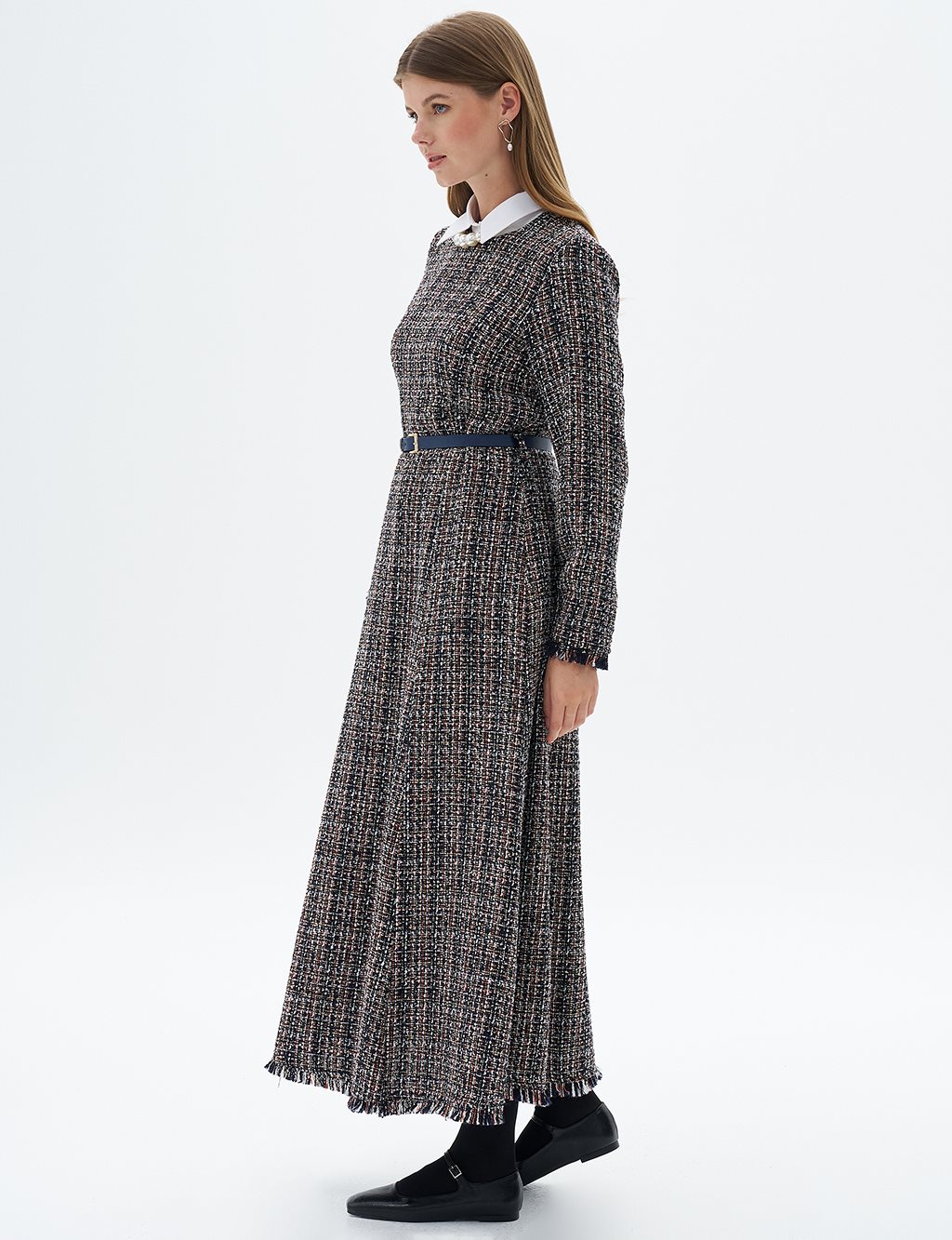 Tweed Dress with Tassels at Hem Navy Blue