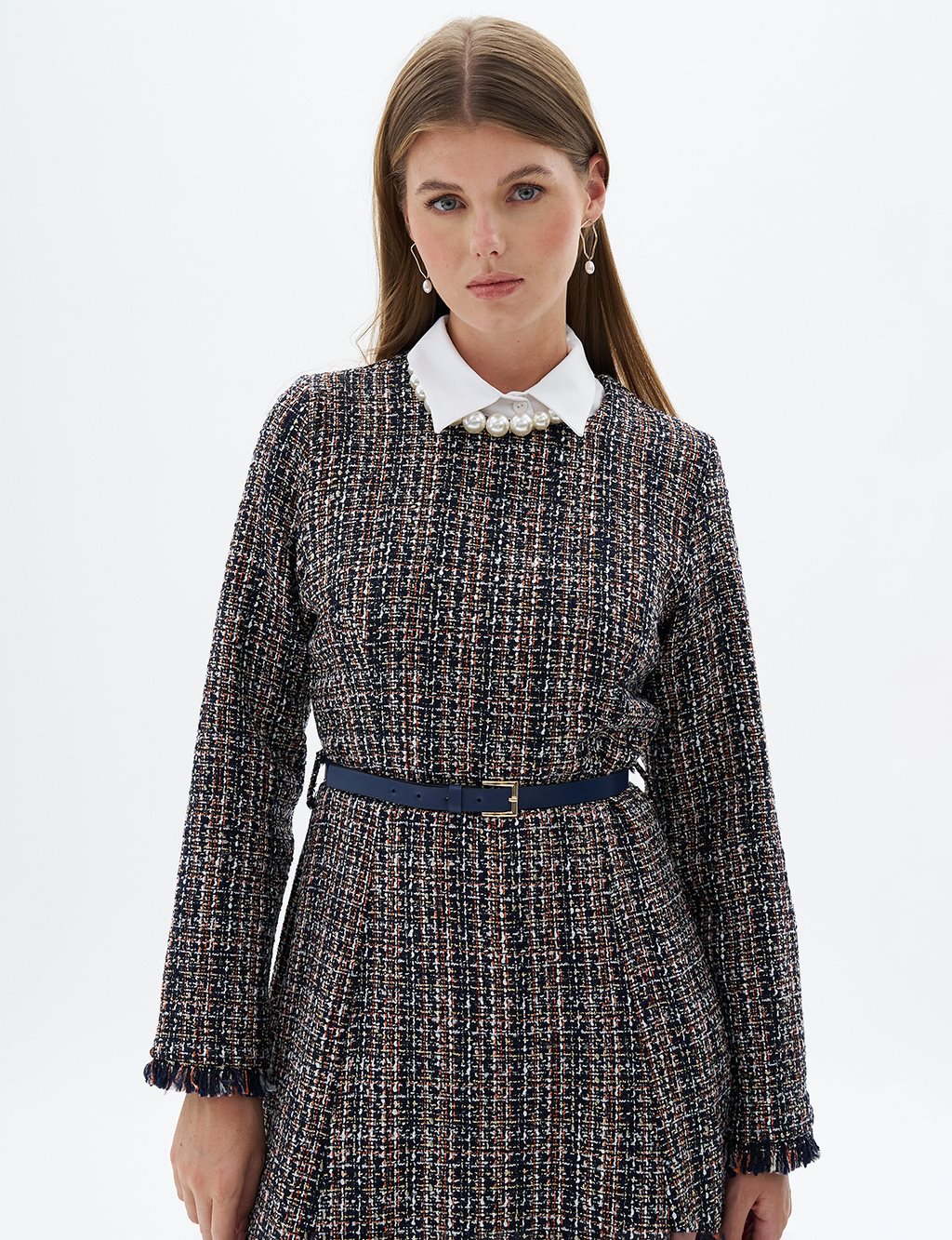 Tweed Dress with Tassels at Hem Navy Blue