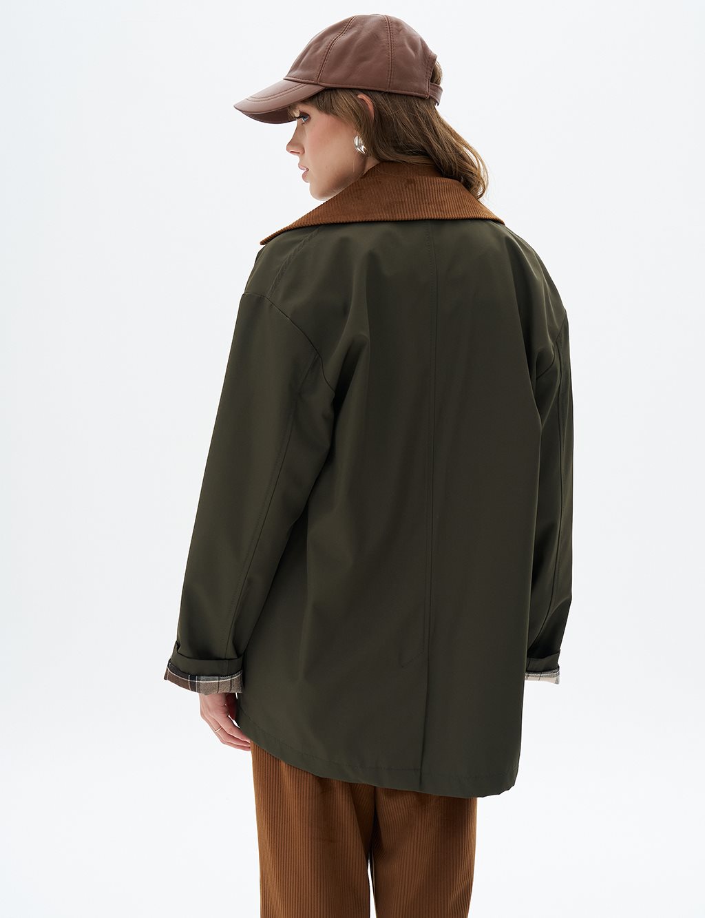 Velvet Garnished Coat Dark Khaki