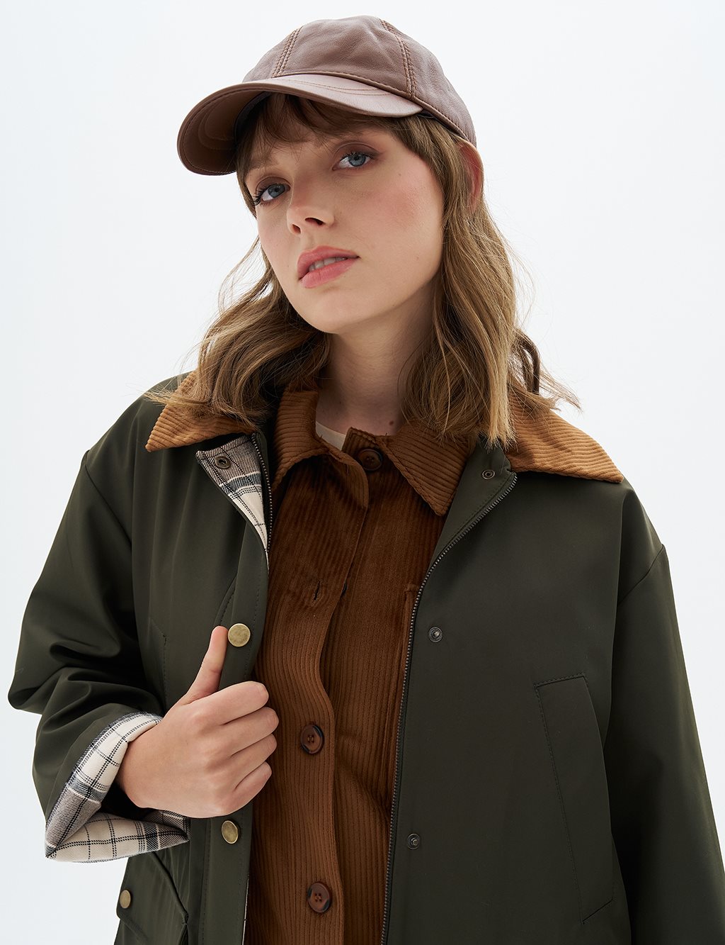 Velvet Garnished Coat Dark Khaki