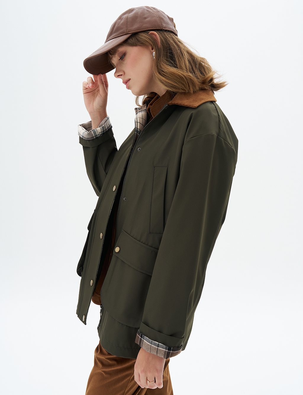 Velvet Garnished Coat Dark Khaki