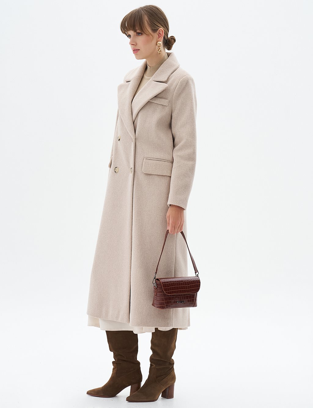 Cashmere Coat with Flap Pocket Stone