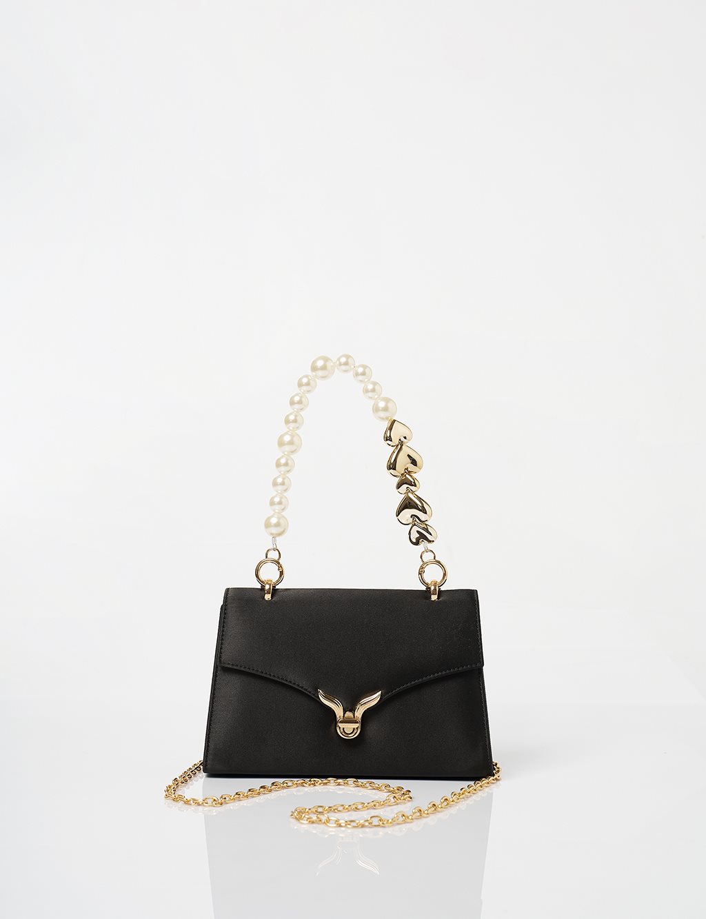 Pearl Handle Detailed Satin Bag Black