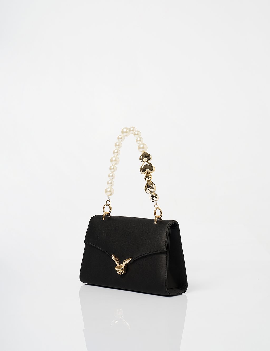 Pearl Handle Detailed Satin Bag Black