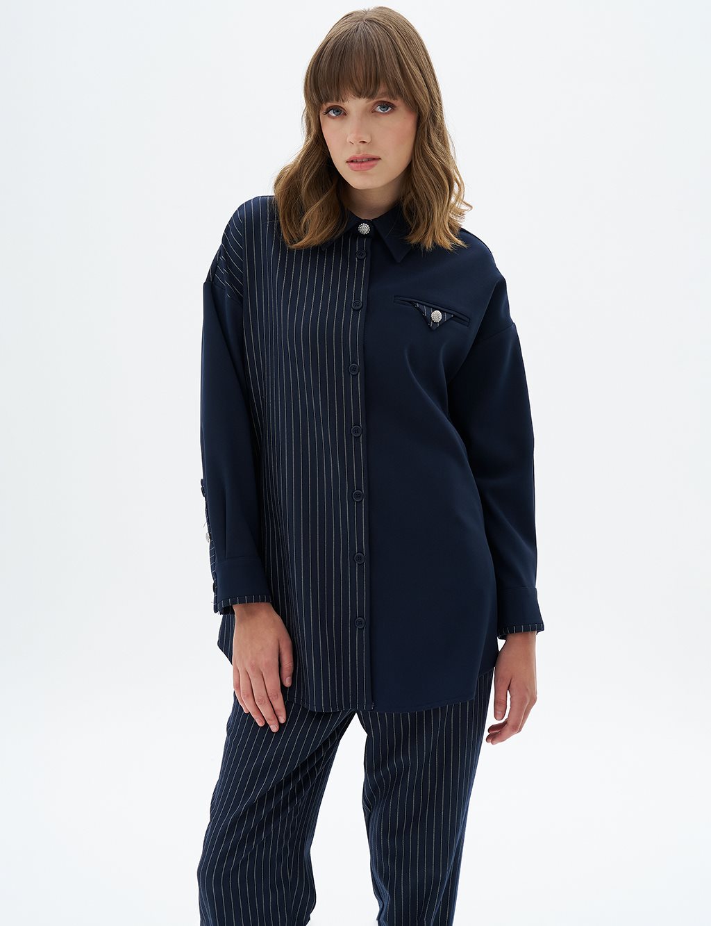 Line Pattern Two Piece Suit Dark Navy Blue