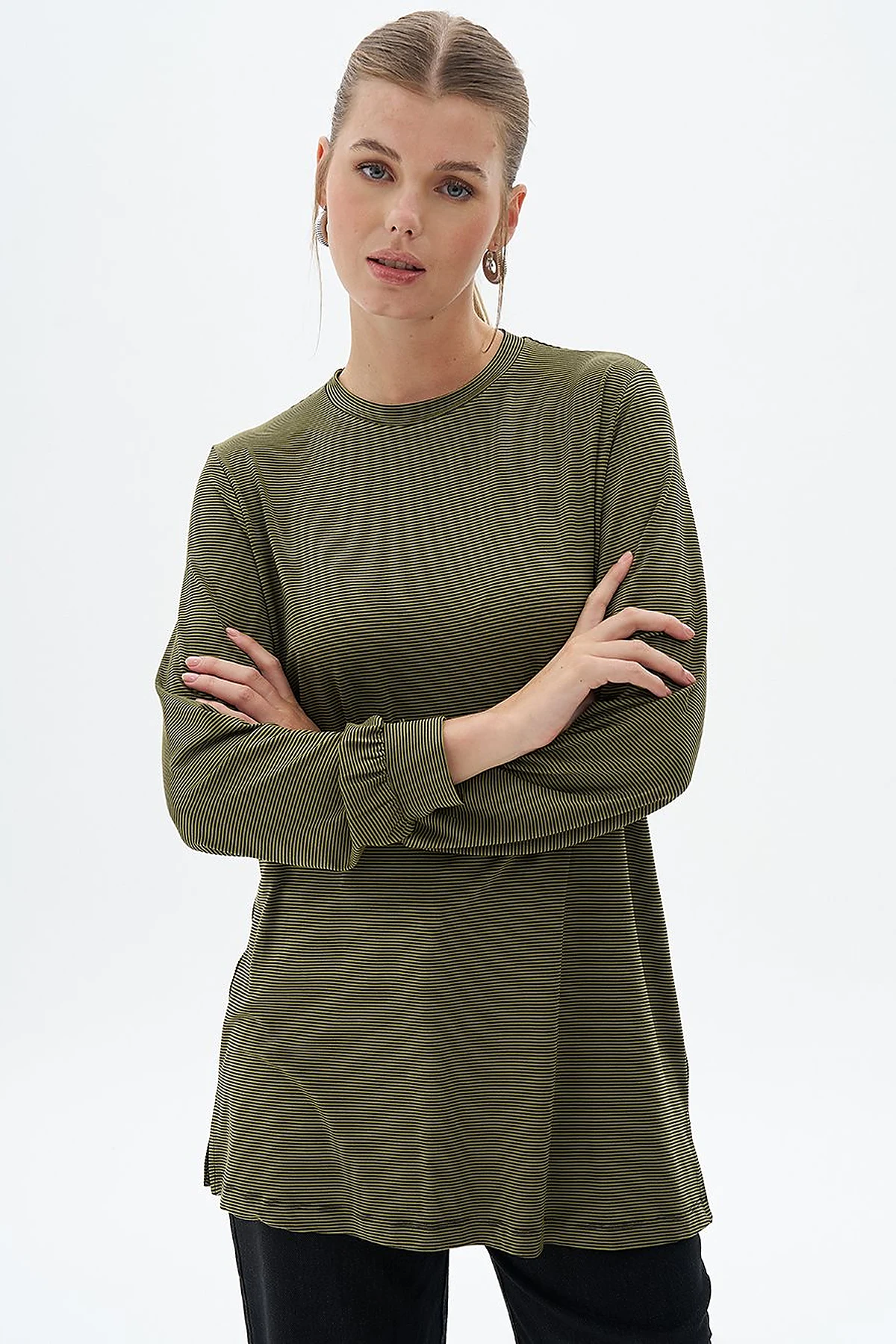 Çizgili Örme Sweatshirt Haki 