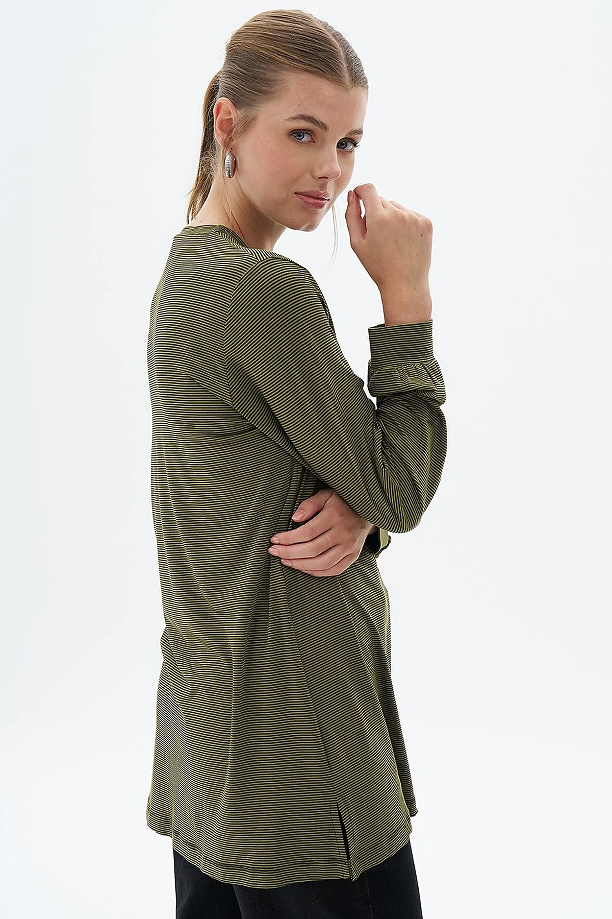 Çizgili Örme Sweatshirt Haki 