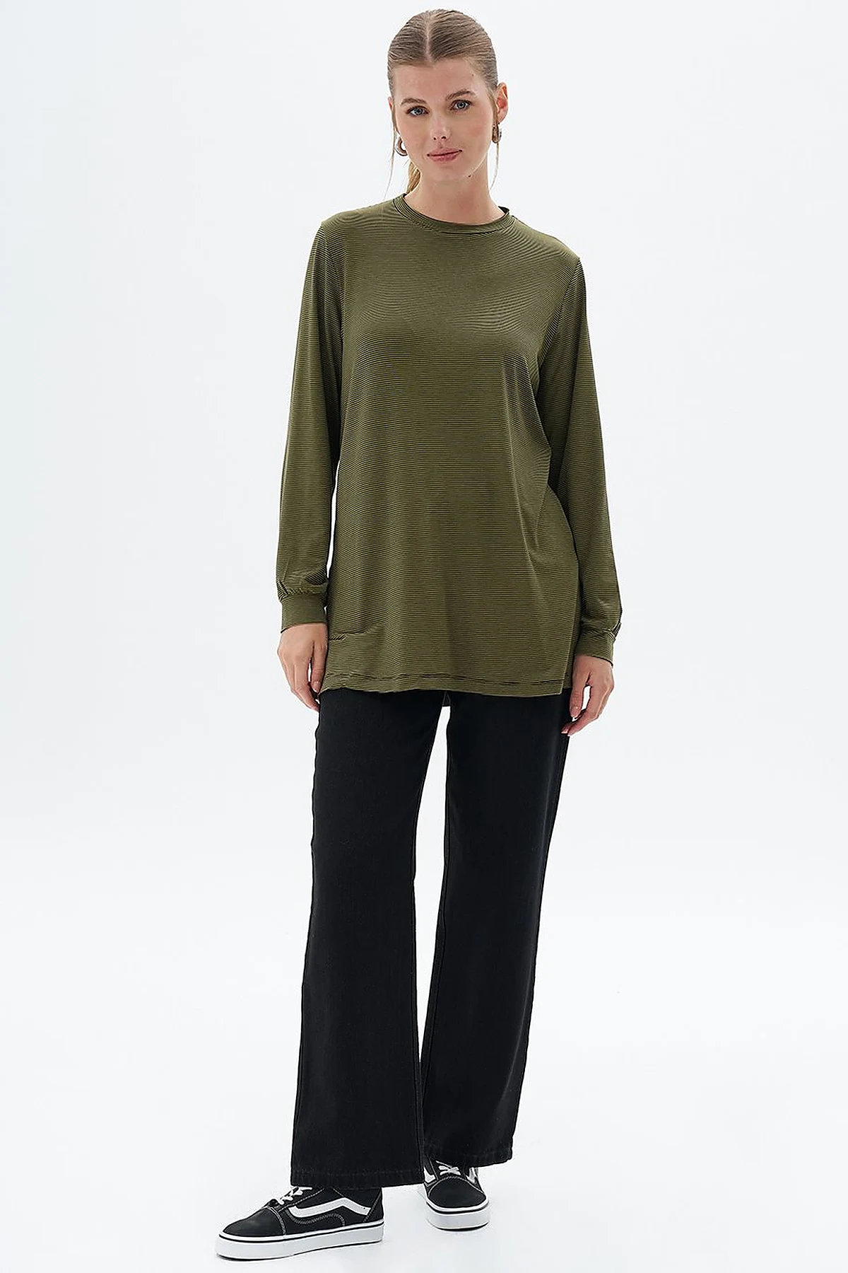 Çizgili Örme Sweatshirt Haki 