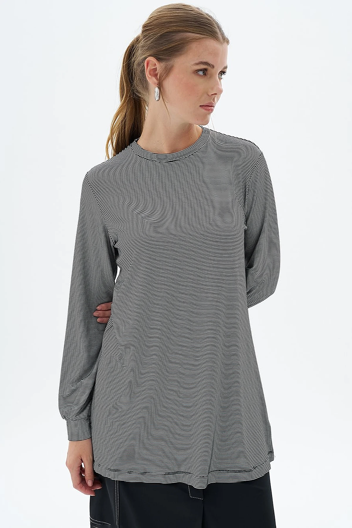 Çizgili Örme Sweatshirt Siyah 