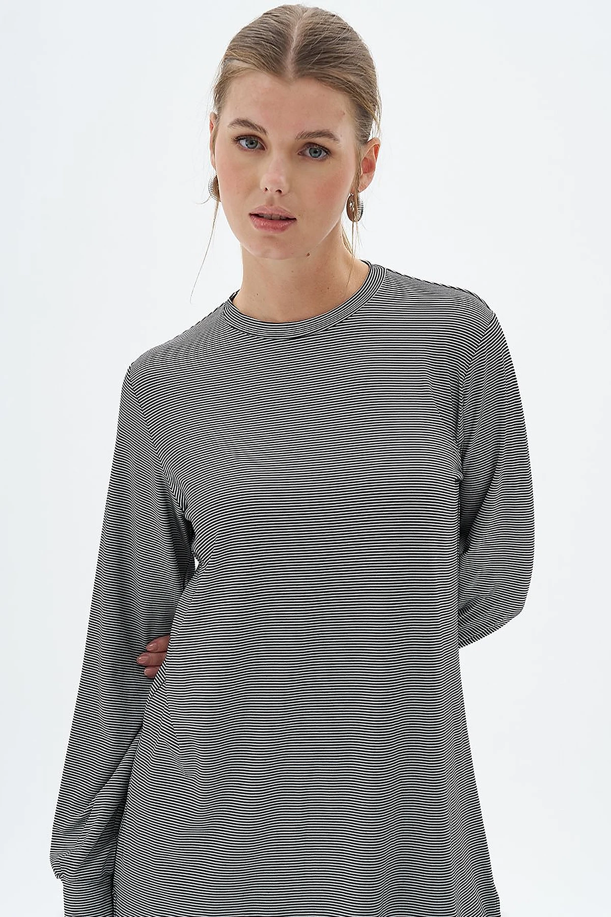 Çizgili Örme Sweatshirt Siyah 