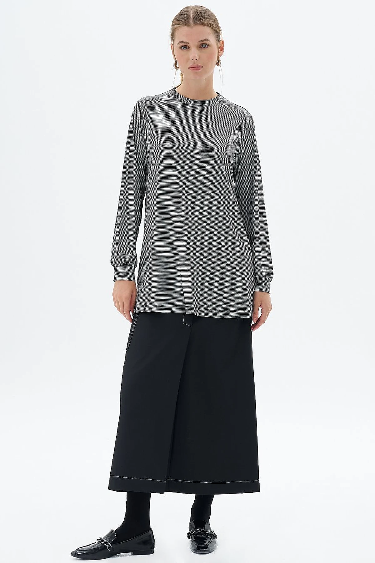Çizgili Örme Sweatshirt Siyah 