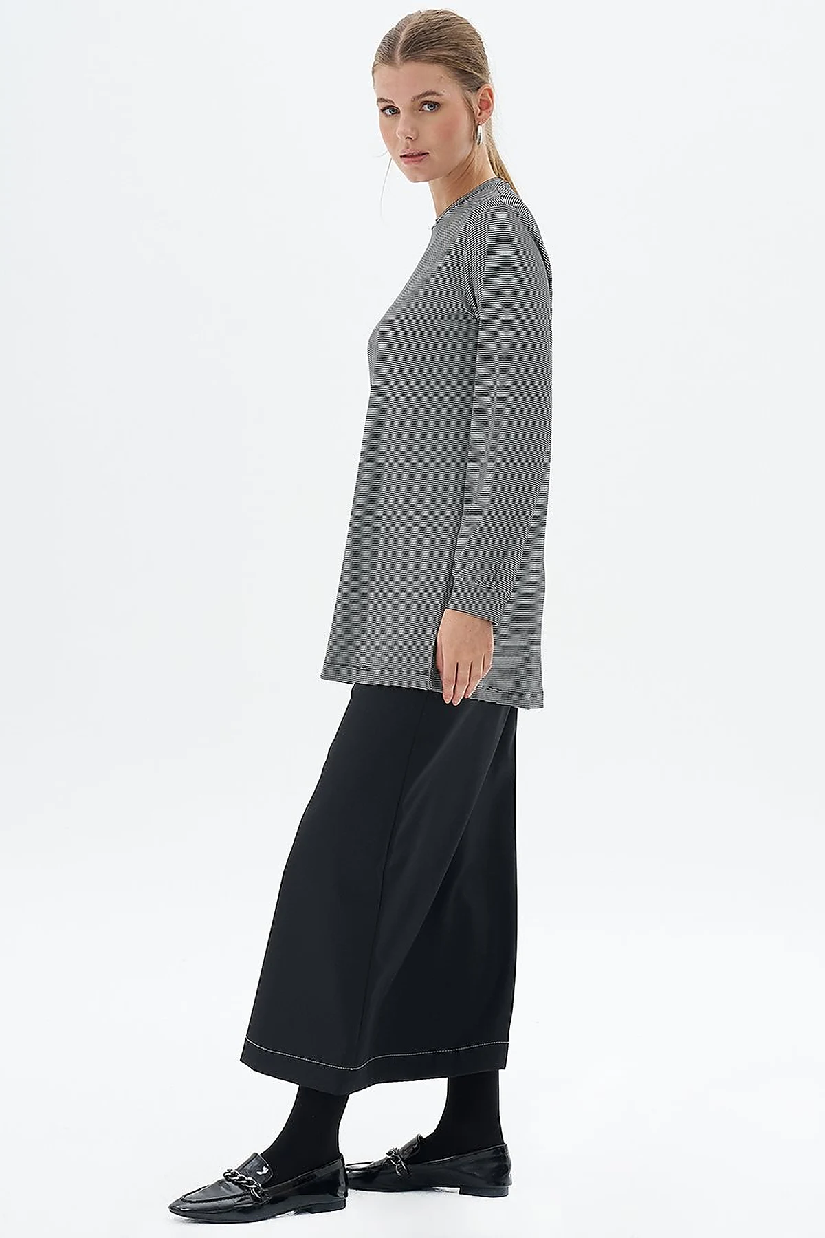Çizgili Örme Sweatshirt Siyah 