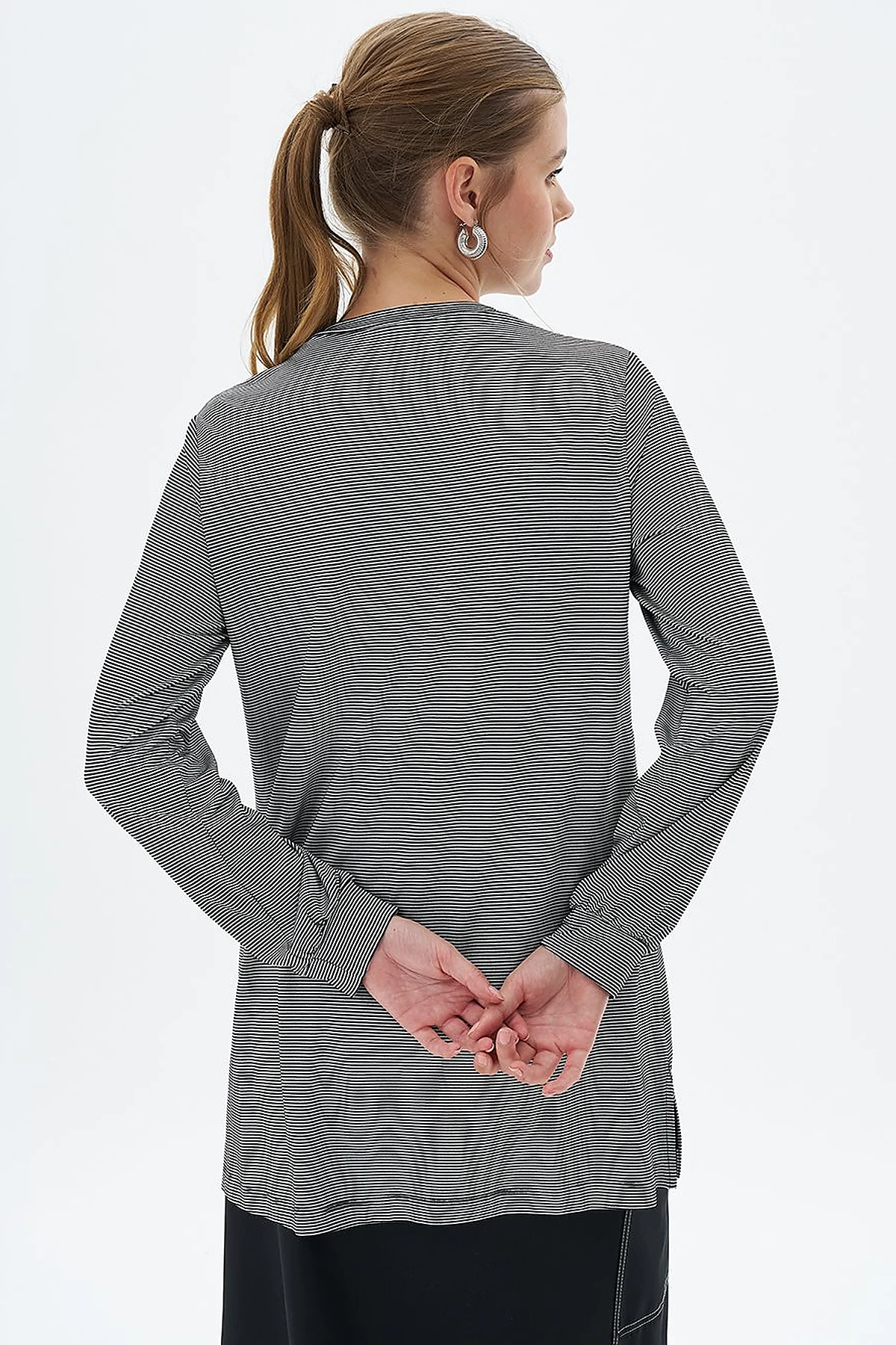 Çizgili Örme Sweatshirt Siyah 