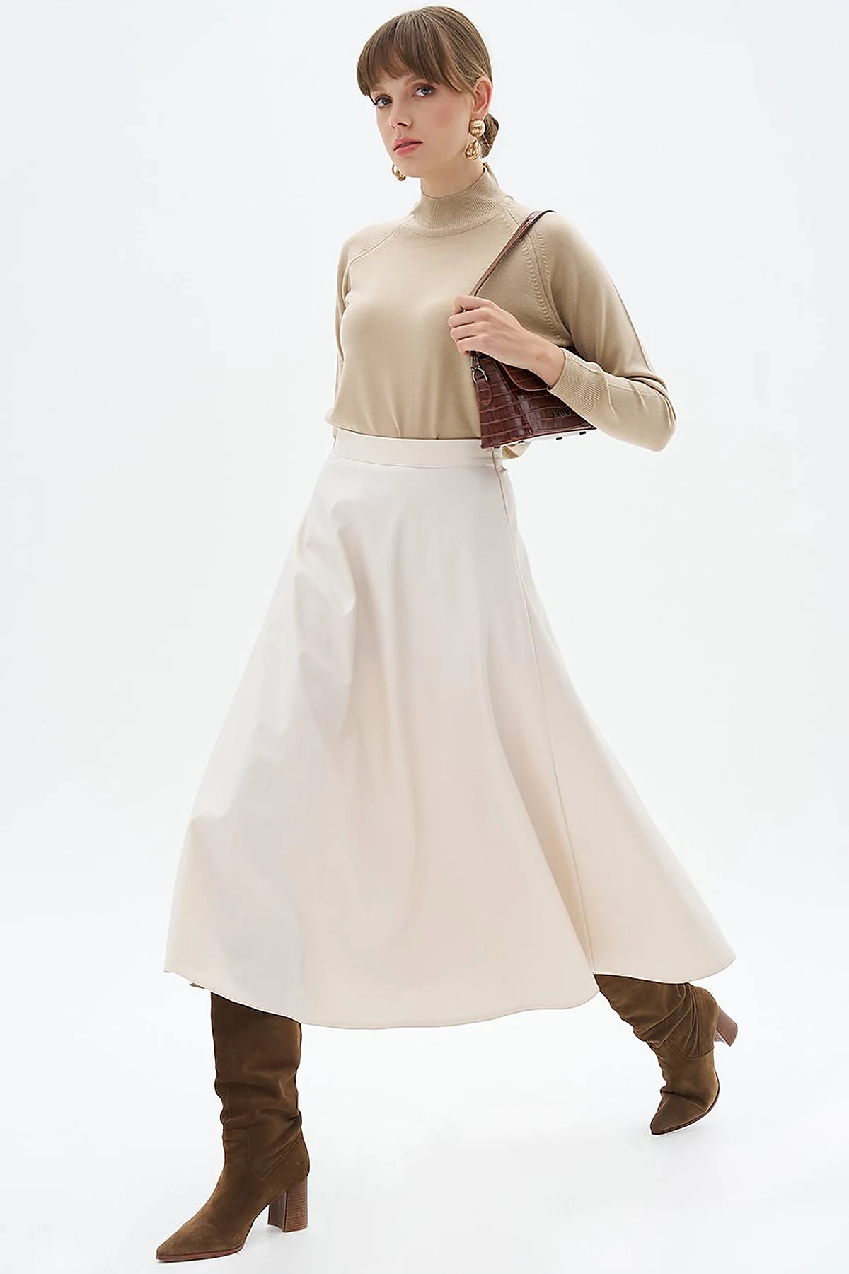 High Waist Faux Leather Skir Cream