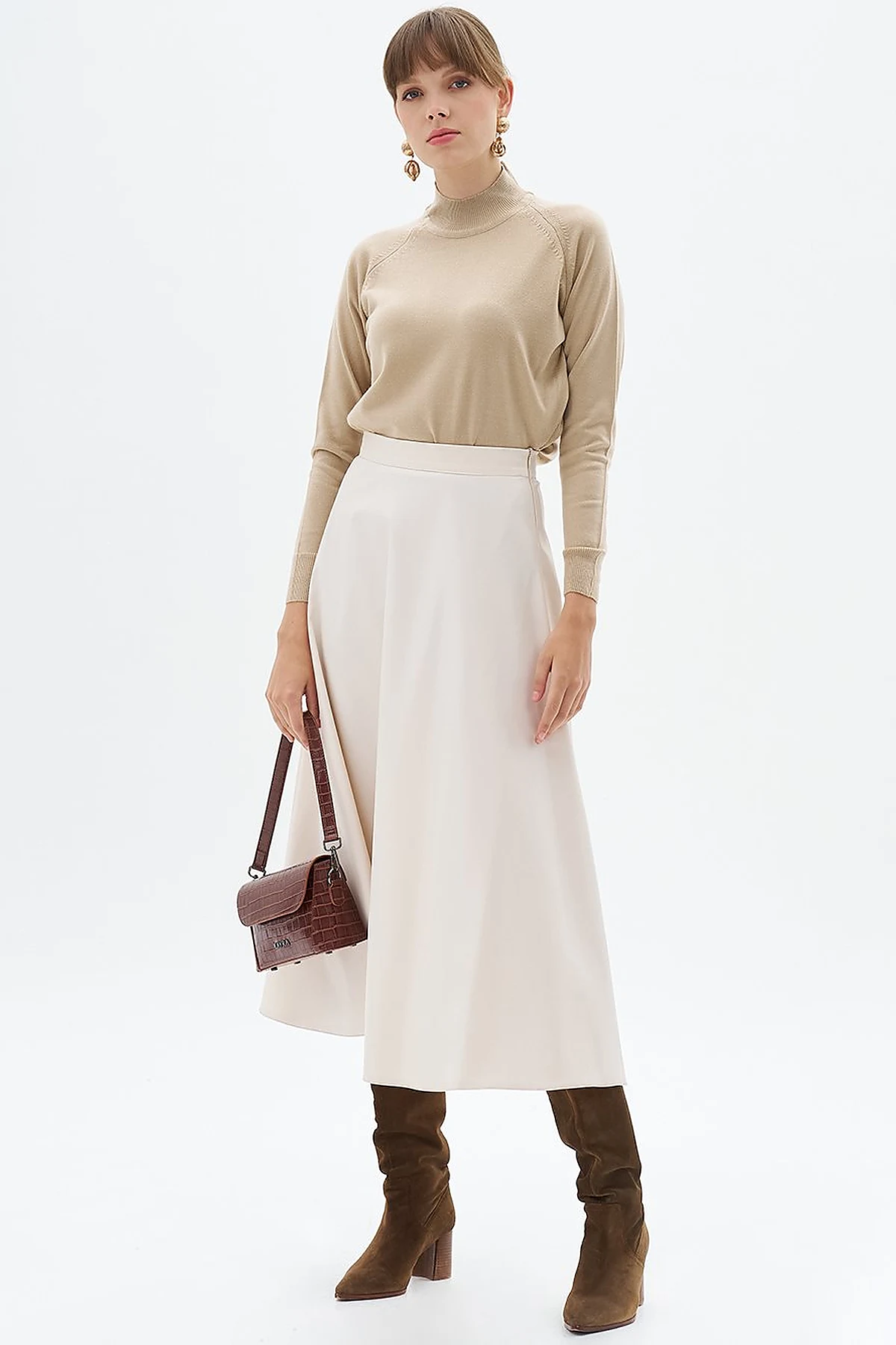 High Waist Faux Leather Skir Cream