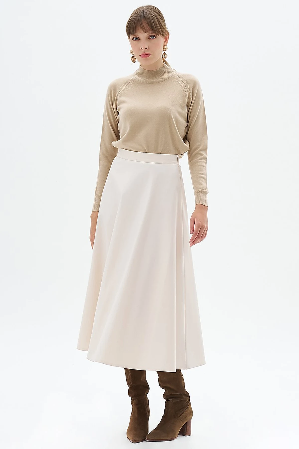 High Waist Faux Leather Skir Cream
