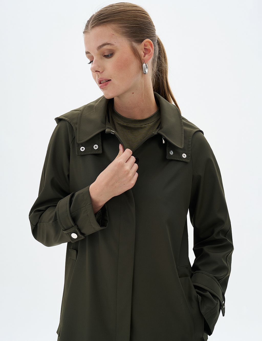 Hooded Coat with Epaulette Detail on Wrists Dark Khaki