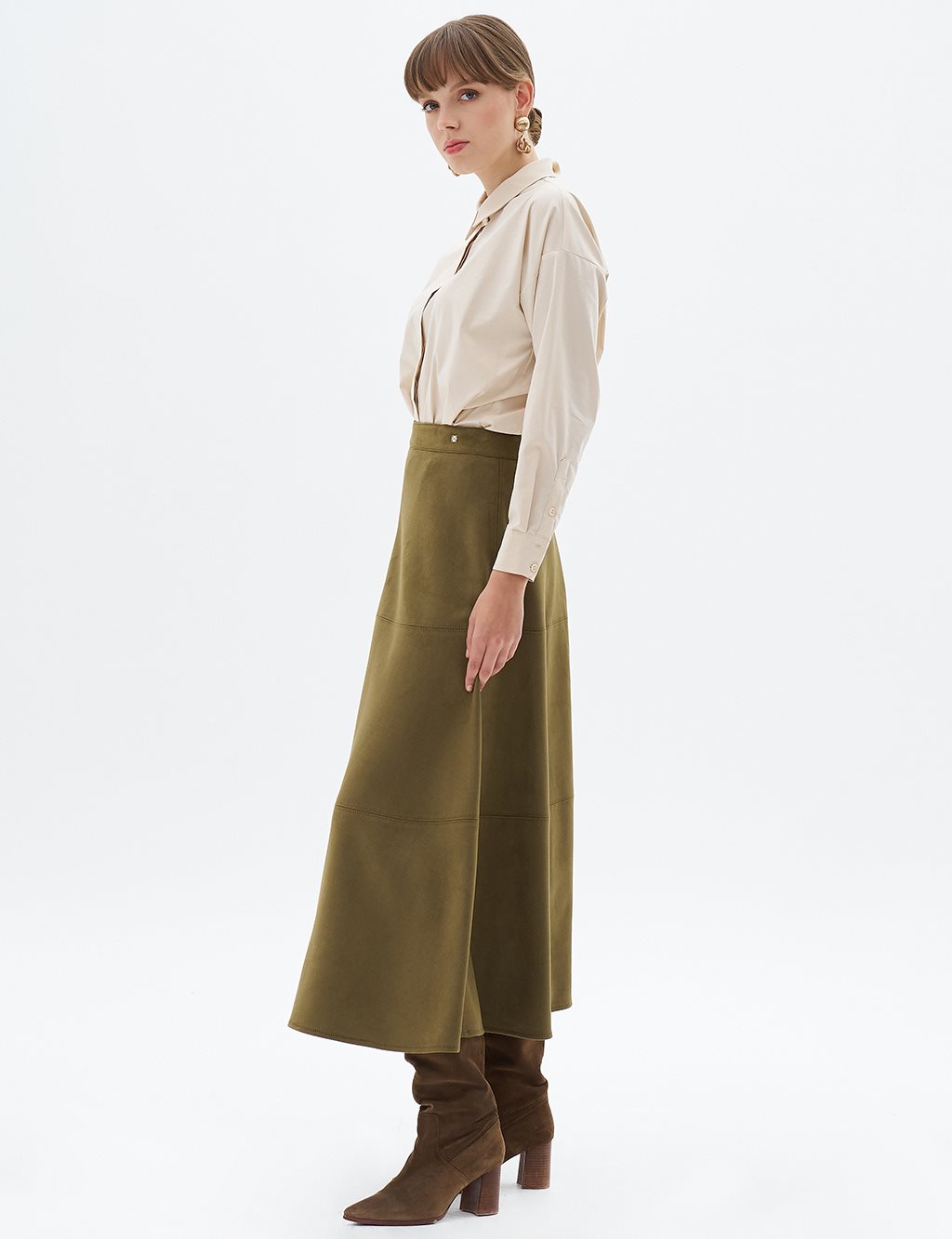 Suede Skirt with Stitching Detail Khaki