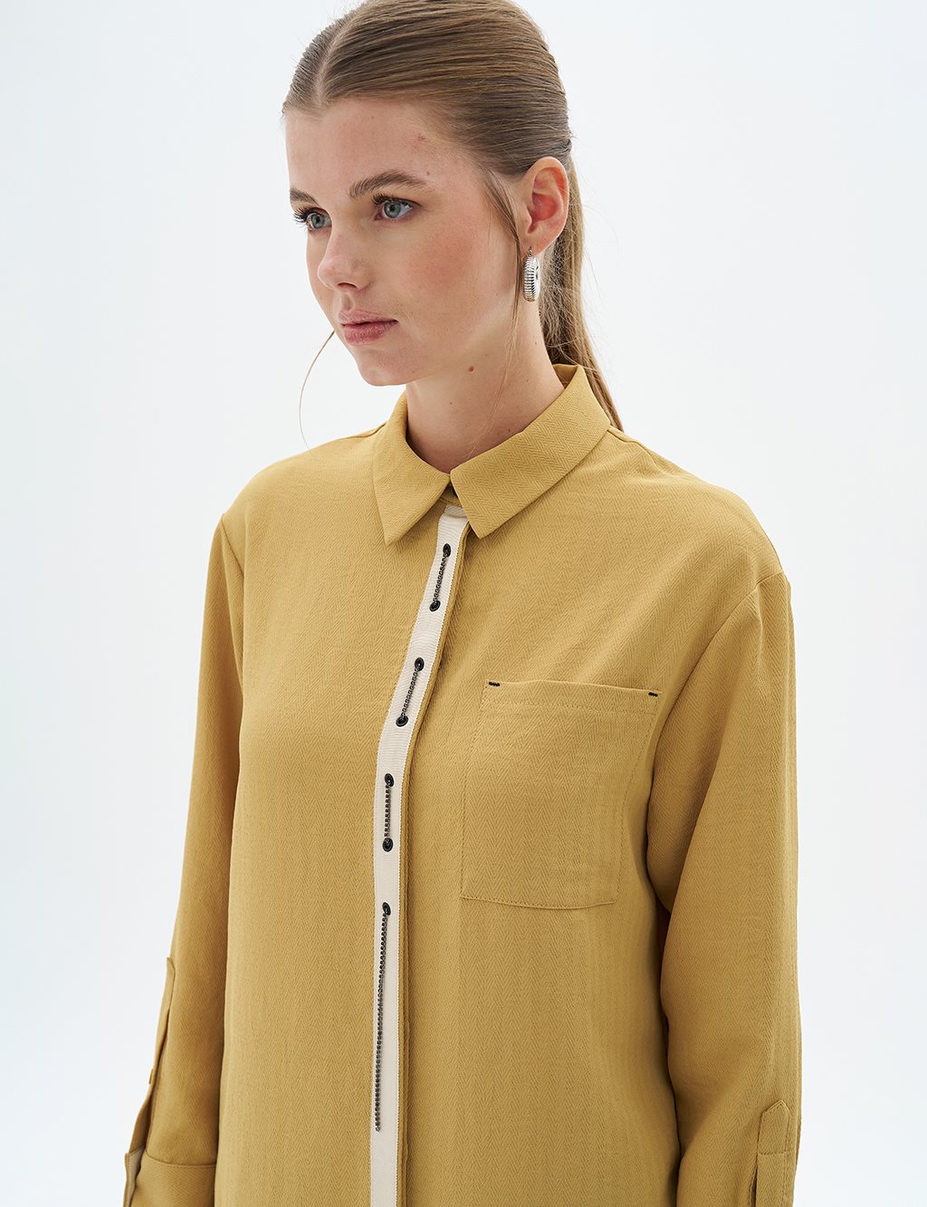 Shirt Collar Tunic with Bird's Eye Detail Mustard