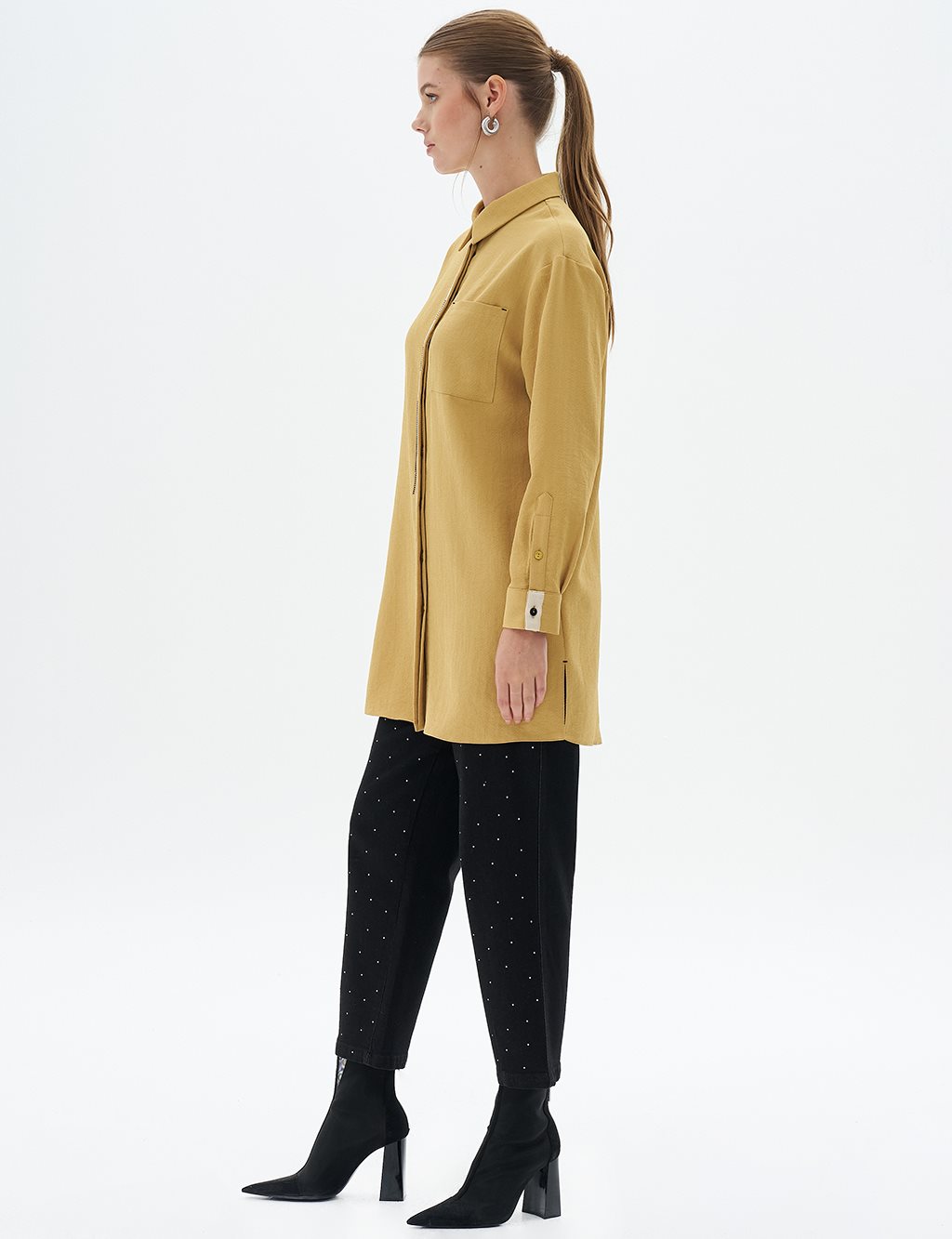 Shirt Collar Tunic with Bird's Eye Detail Mustard