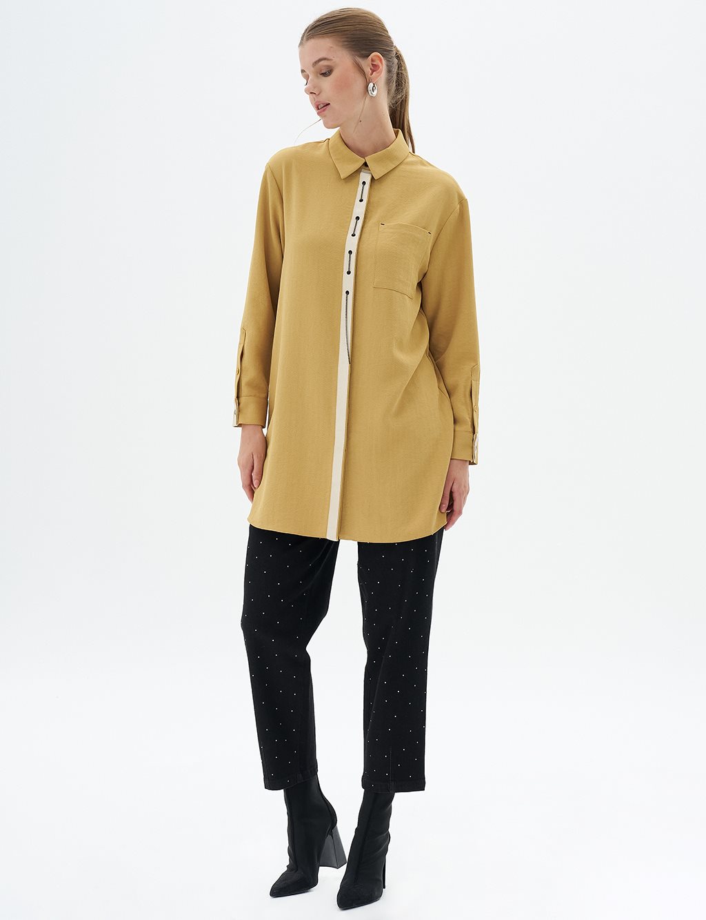 Shirt Collar Tunic with Bird's Eye Detail Mustard