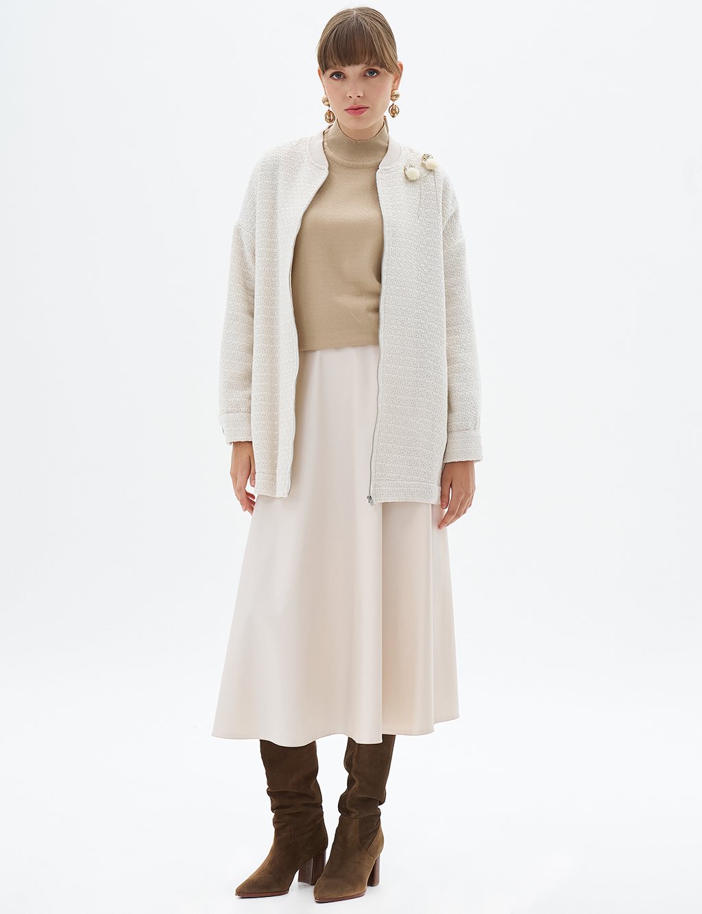 Ribbed Brooch Detailed Jacket Cream