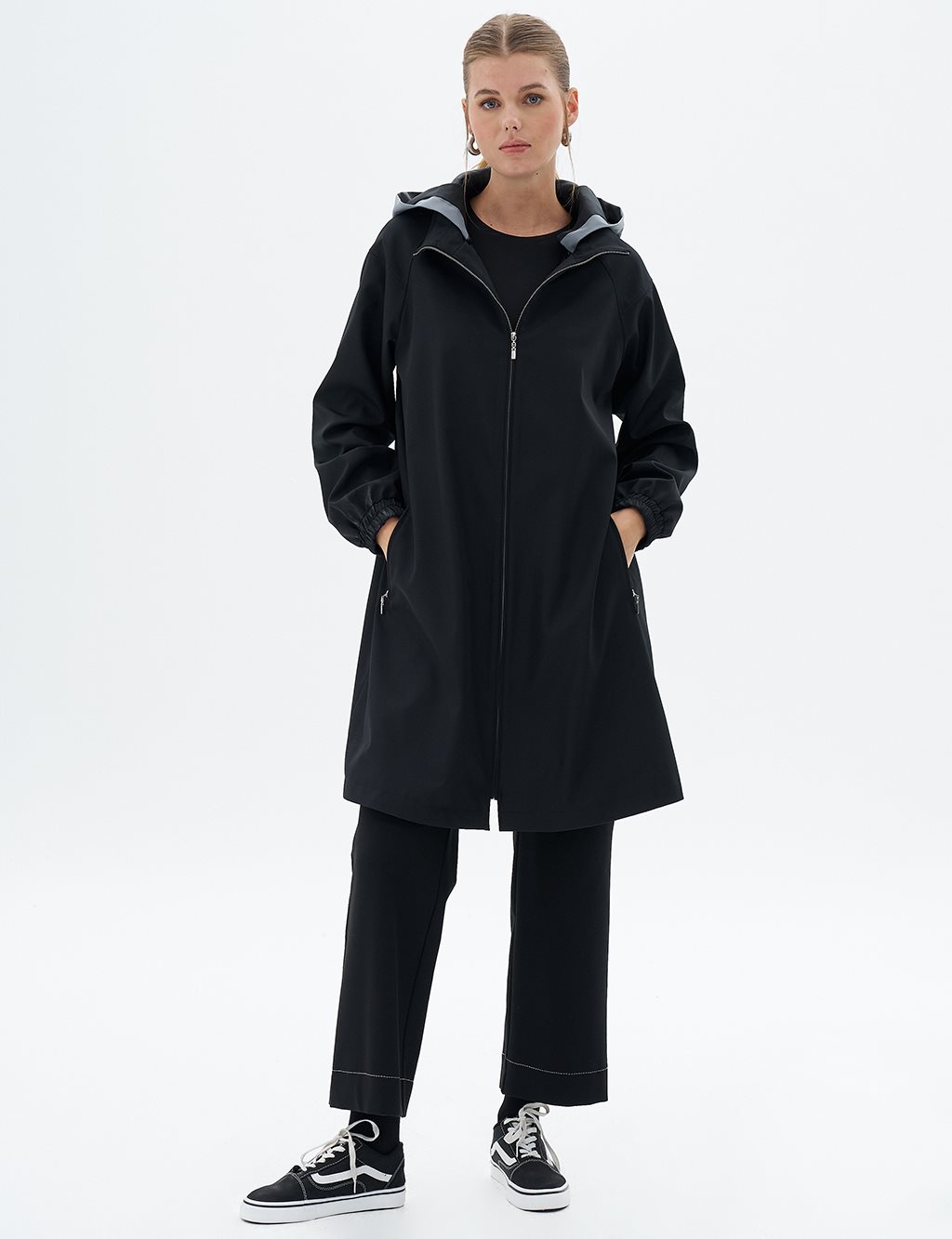 Hooded Coat with Elastic Drawstring at Wrists Black