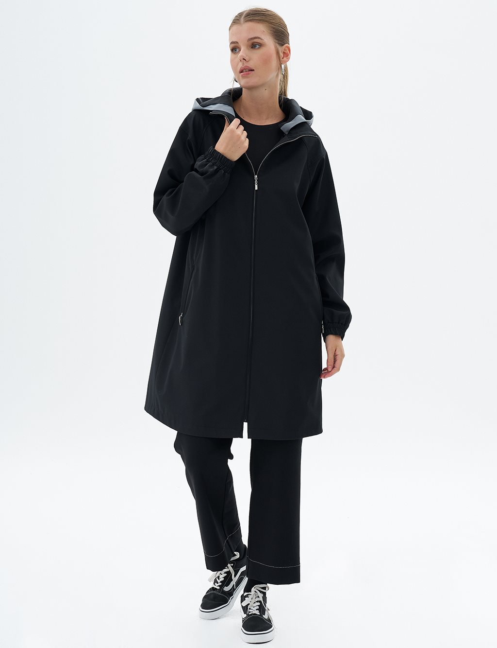 Hooded Coat with Elastic Drawstring at Wrists Black