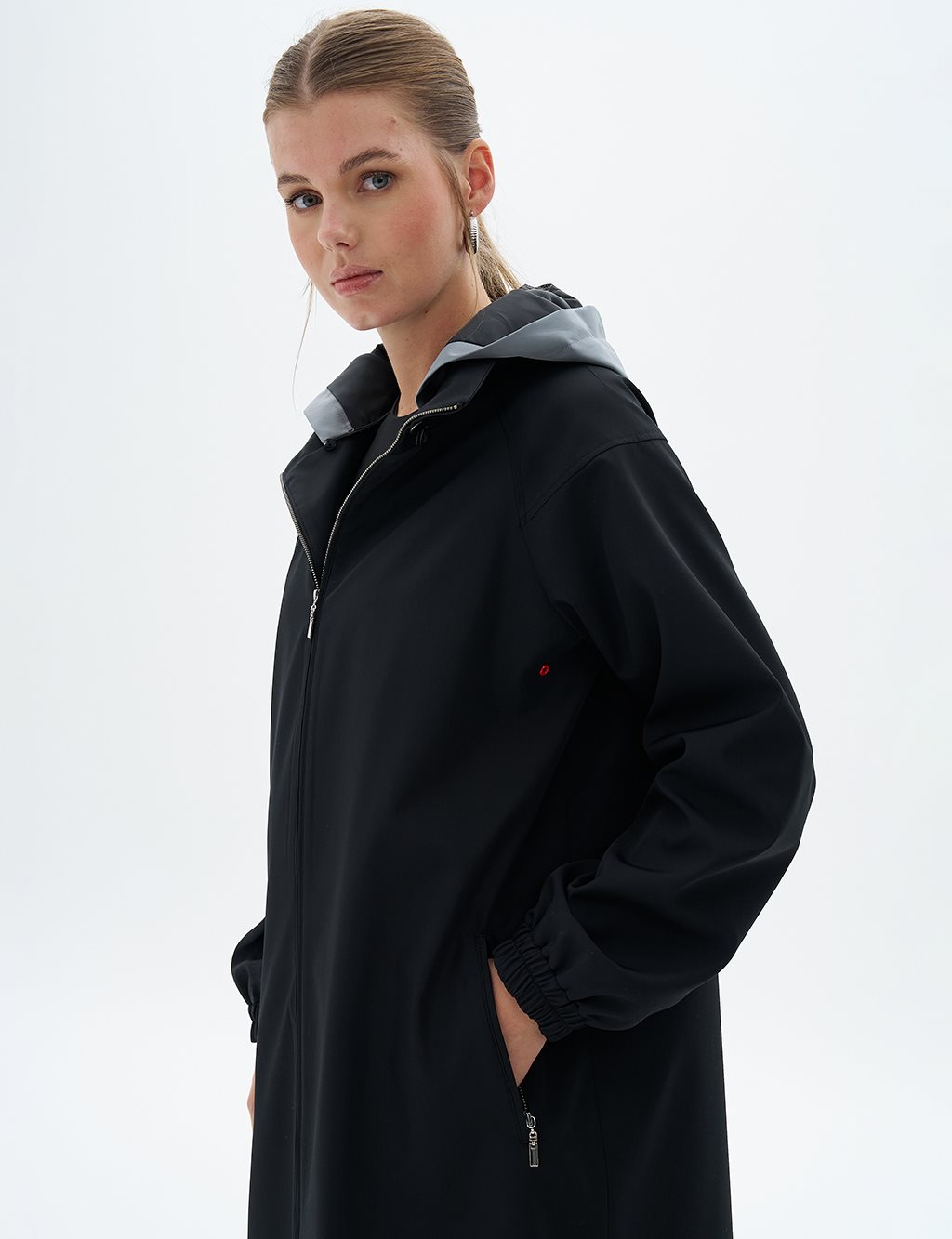 Hooded Coat with Elastic Drawstring at Wrists Black