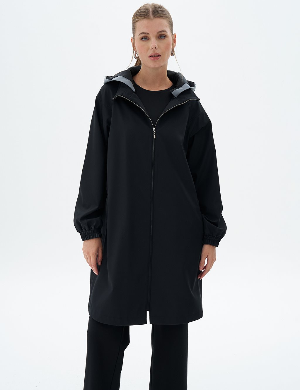 Hooded Coat with Elastic Drawstring at Wrists Black